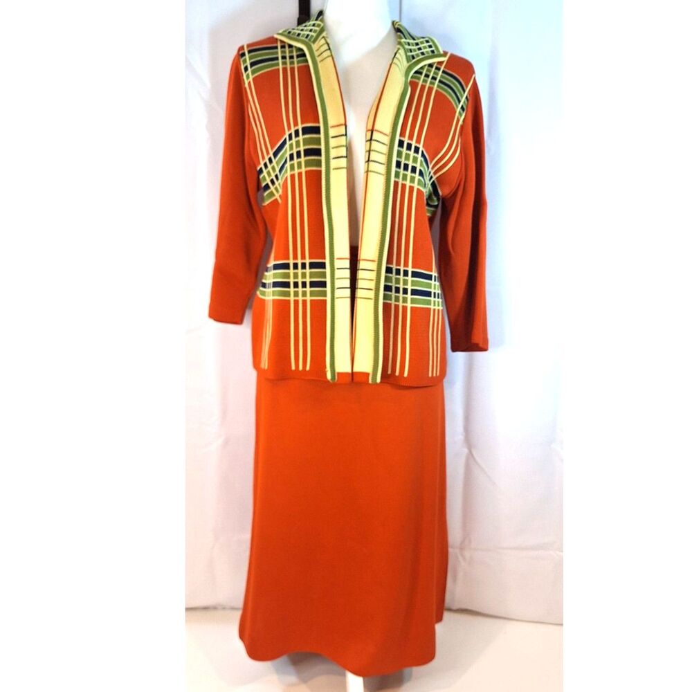 Vintage Union Made 70s Bright Orange Cream Green & Navy Sweater Knit 2 Piece Set